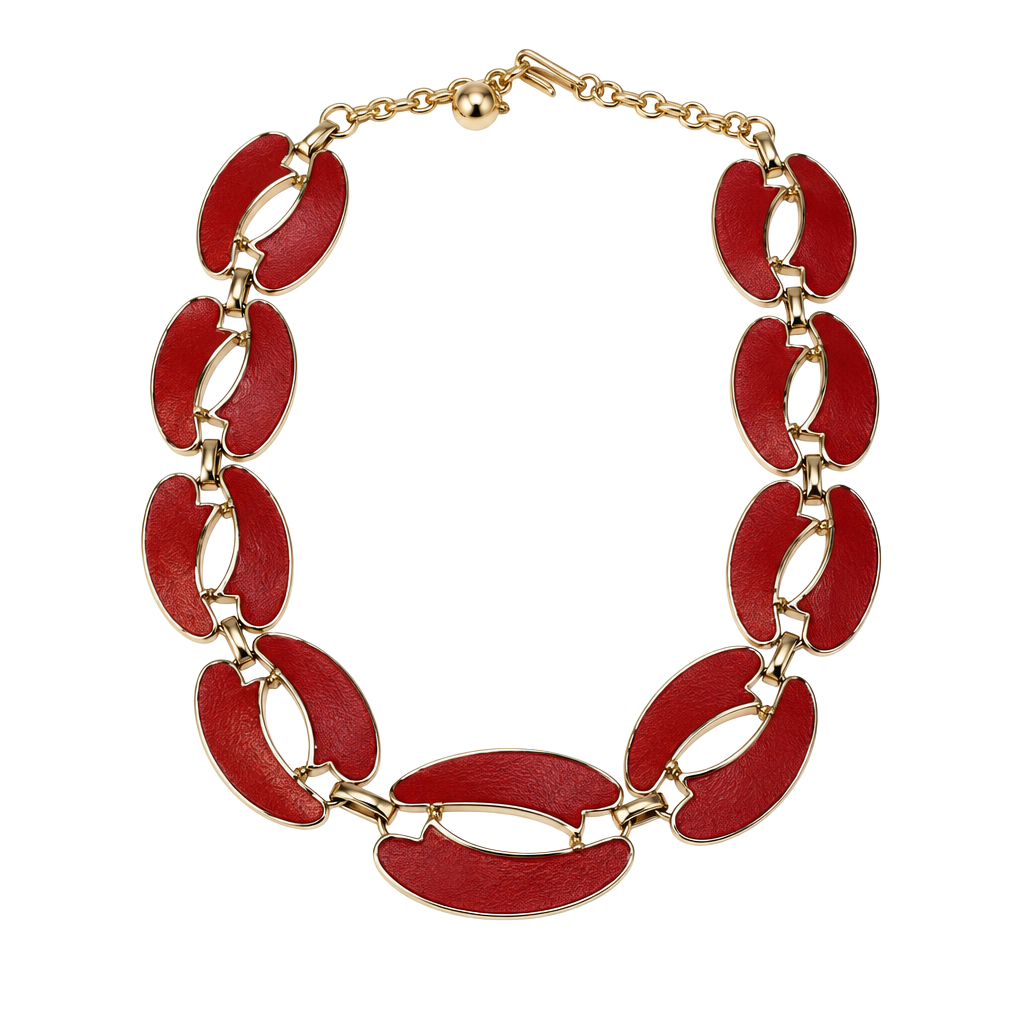 Vintage Gold Tone Red Enamel Link Statement Necklace Choker Jewelry 1