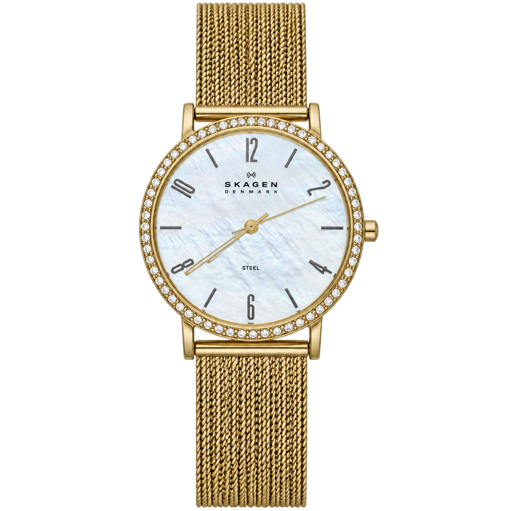 Skagen Denmark 922SGGG Gold Tone Mother Of Pearl Crystal Watch 1
