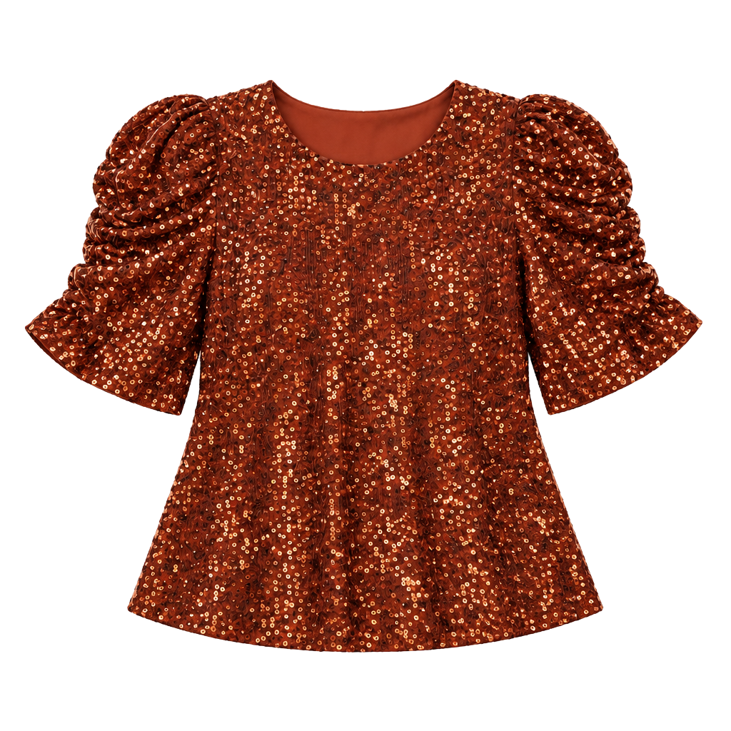 Anthropologie Copper Sequin Puff Sleeve Blouse Party Top Medium 1