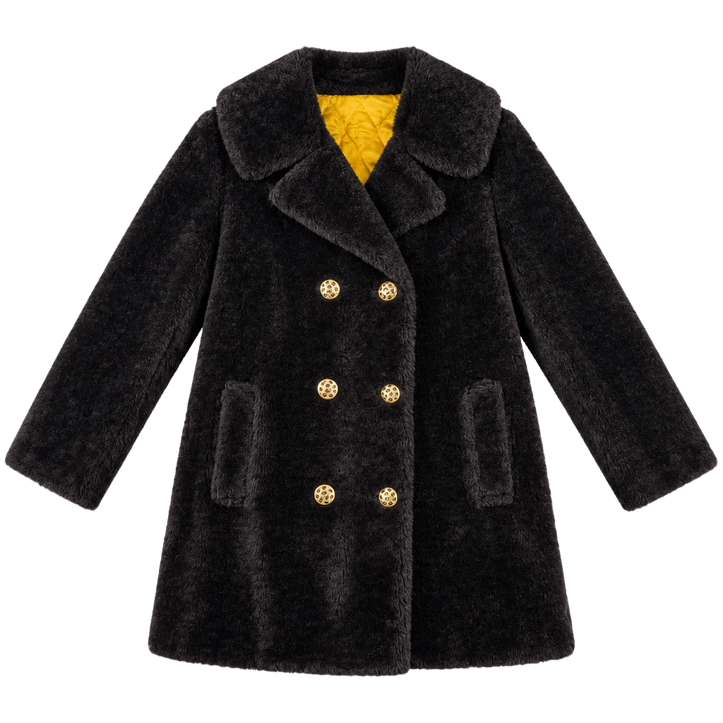 Retro Mod Brown Plush Coat Gold Buttons Size 14 1