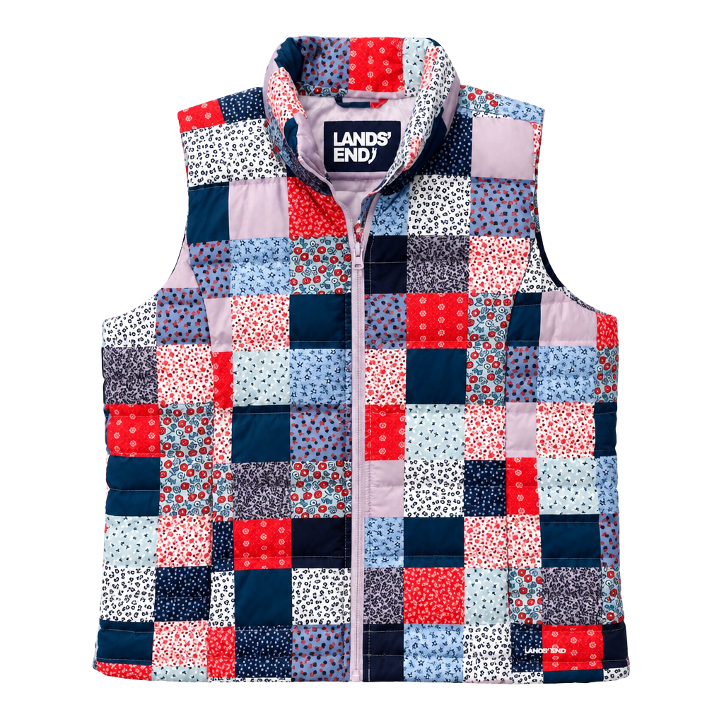 Lands' End Women's Quilted Down Puffer Vest. patchwork pattern. 1