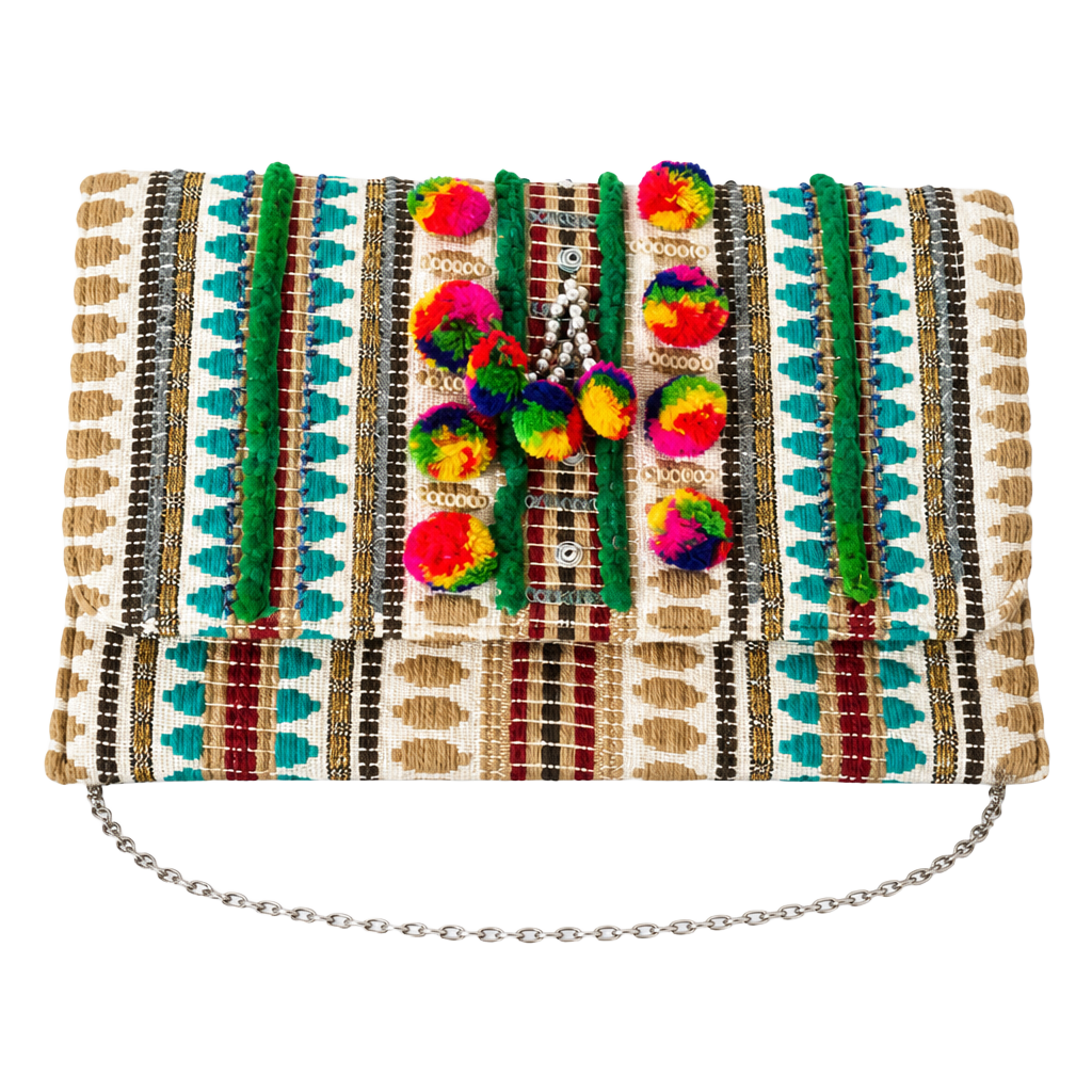 Charade Boho Embroidered Woven Clutch with Pom Poms and Chain Strap. 1