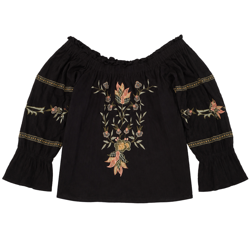 American Eagle Embroidered Off-The-Shoulder Boho Blouse, Black, Size Medium 1