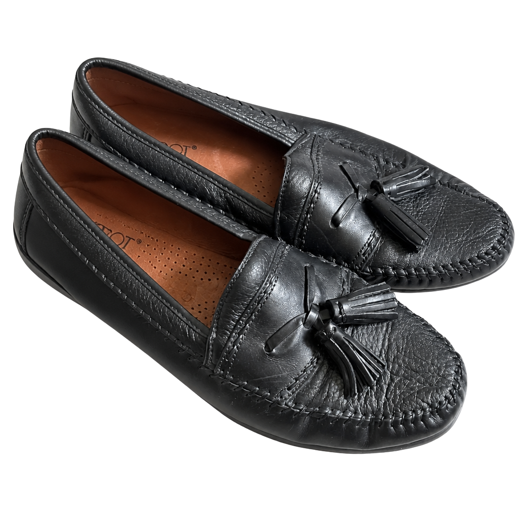 Brass Boot Tassel Loafers Size 10 Black Leather Slip On Shoes 1
