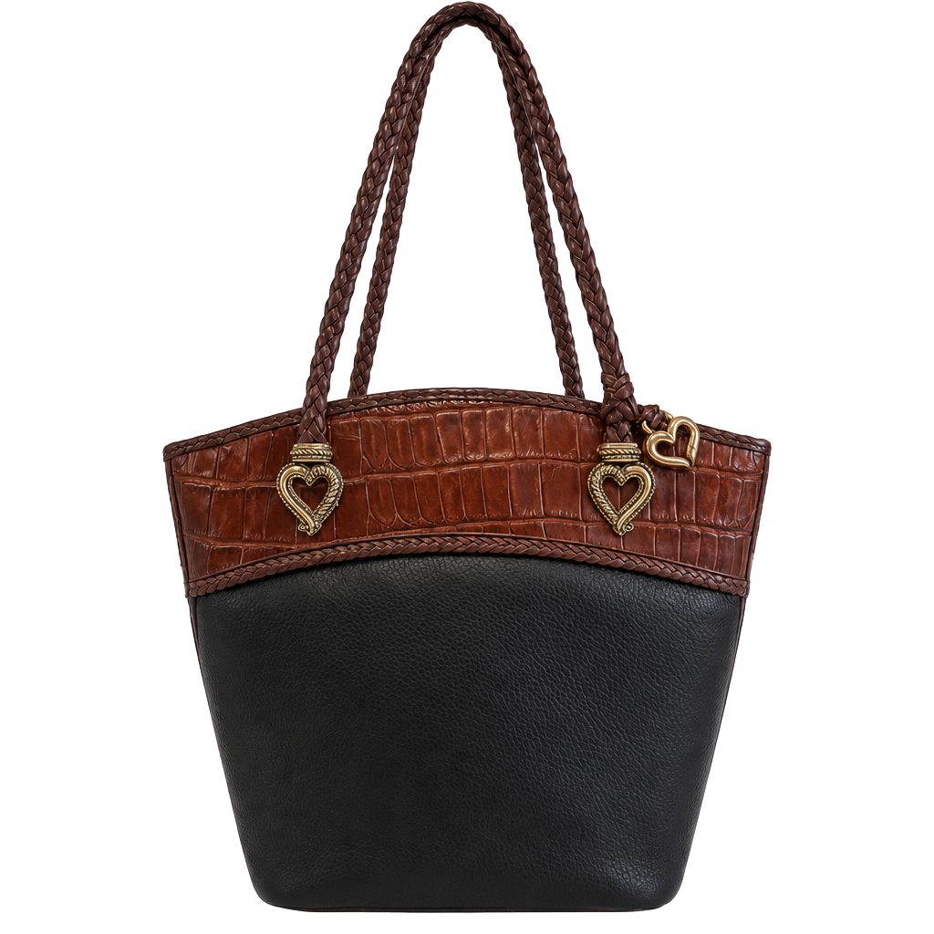 Brighton Leather Shoulder Bag Black Brown Croco Embossed Heart 1