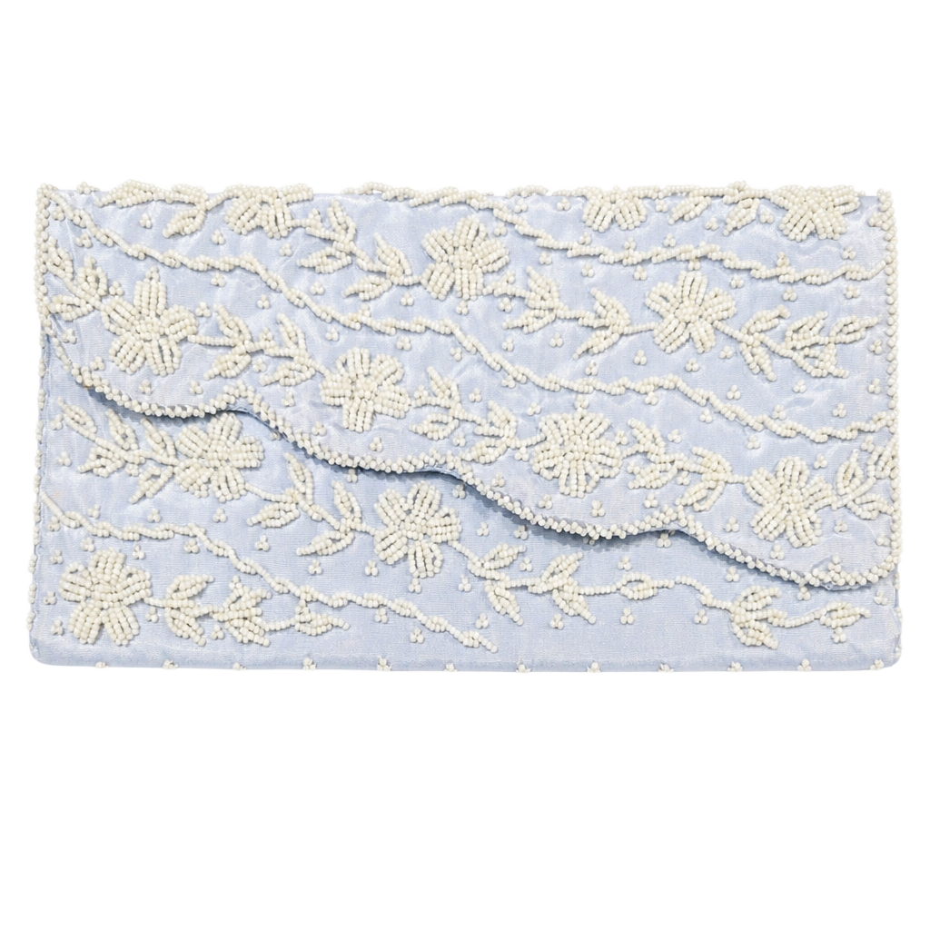 Vintage Hand Made in Hong Kong Light Blue Beaded Floral Evening Clutch Purse 1