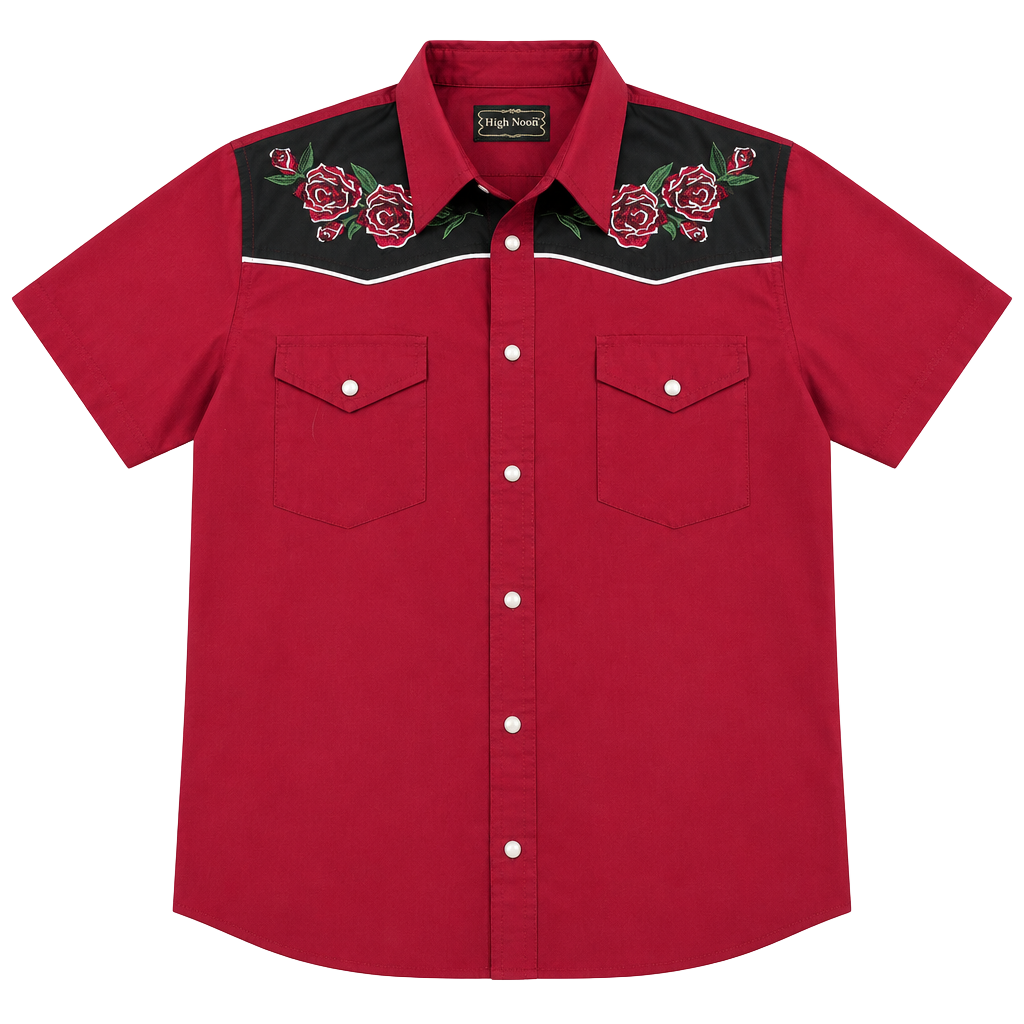 High Noon Western Shirt Size Med Red Rose Embroidered Pearl Snap Cowboy 1