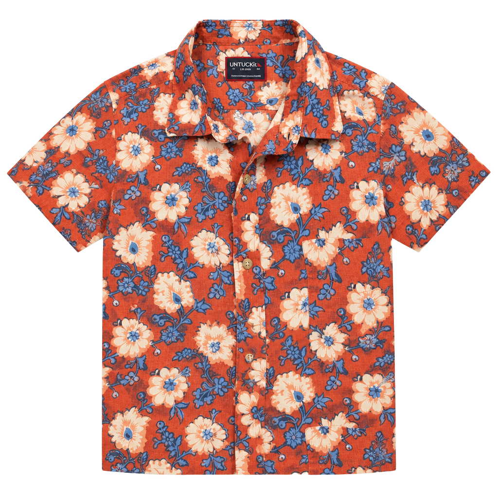 UNTUCKit Short Sleeve 100% Linen Shirt Size Large Red Blue Floral Print 1
