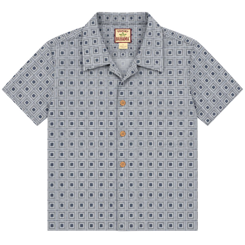 Tommy Bahama Silk Geometric Short Sleeve Shirt Size L Blue Camp Very soft 1