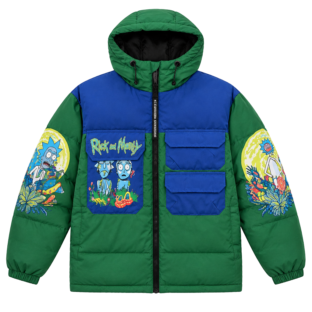 Members Only Rick And Morty Color Block Green and Blue Puffer Jacket Large 1