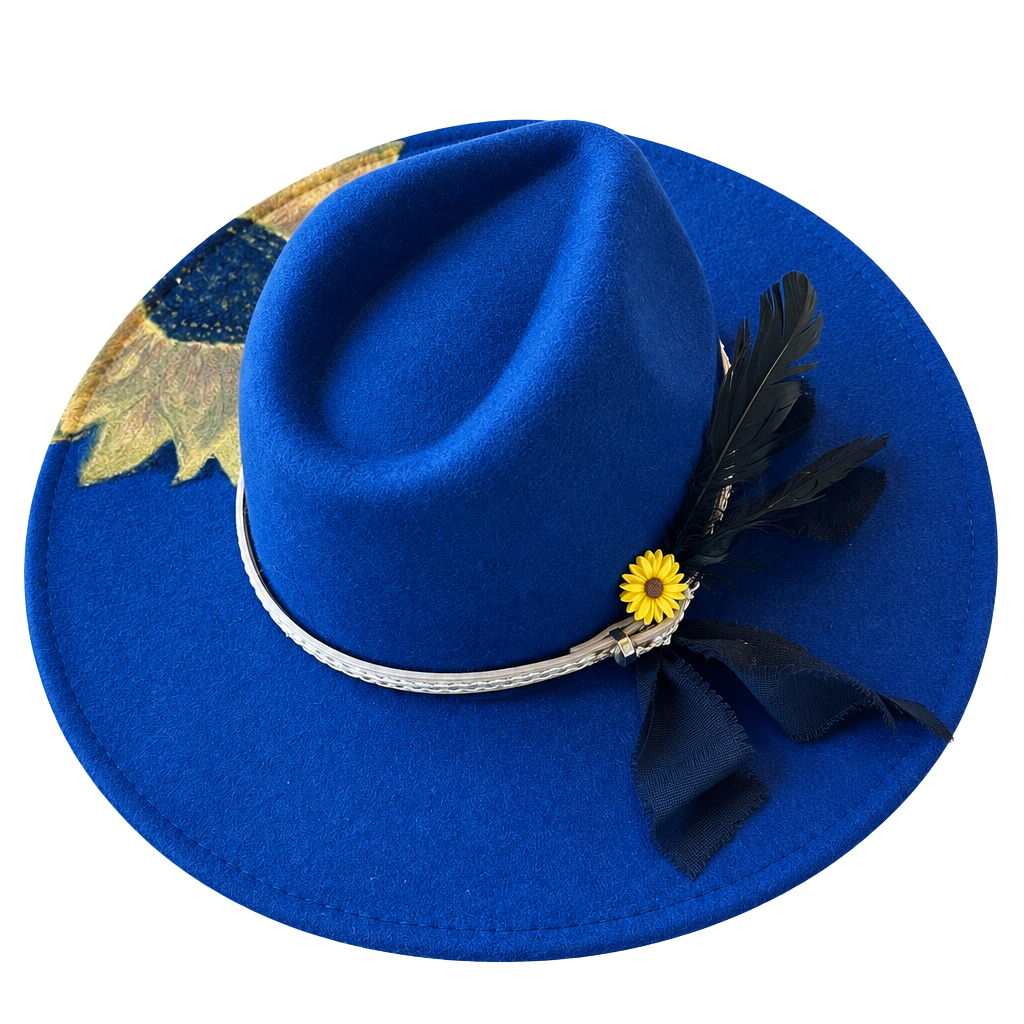 Indiana Designer Navy Blue Rancher Hat Hand Painted Sunflower 1
