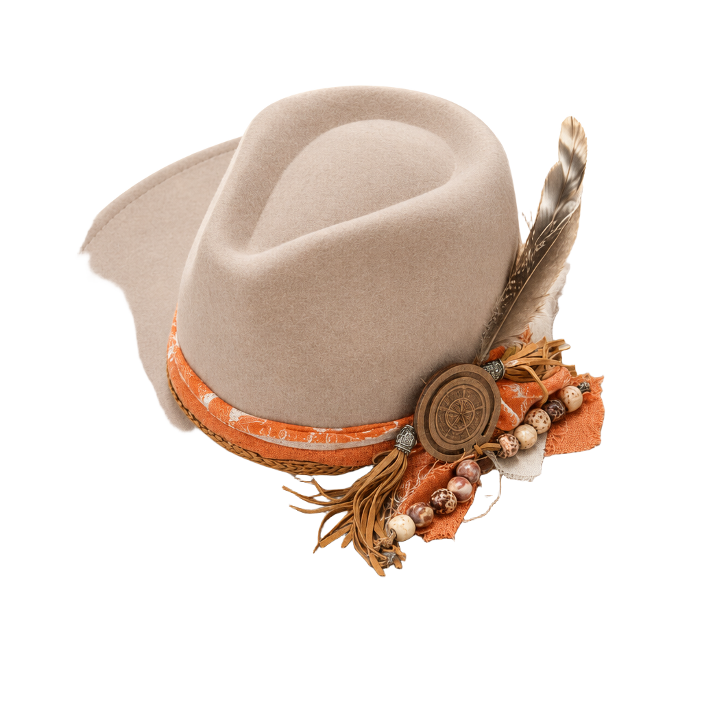 Boho Chic Felt Fedora Hat Taupe Orange Beaded Feather Band 1