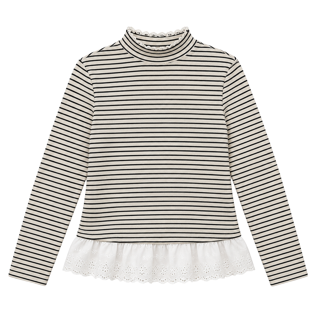 Friful Black White Striped Long Sleeve Top Size L Ruffled Hem 1