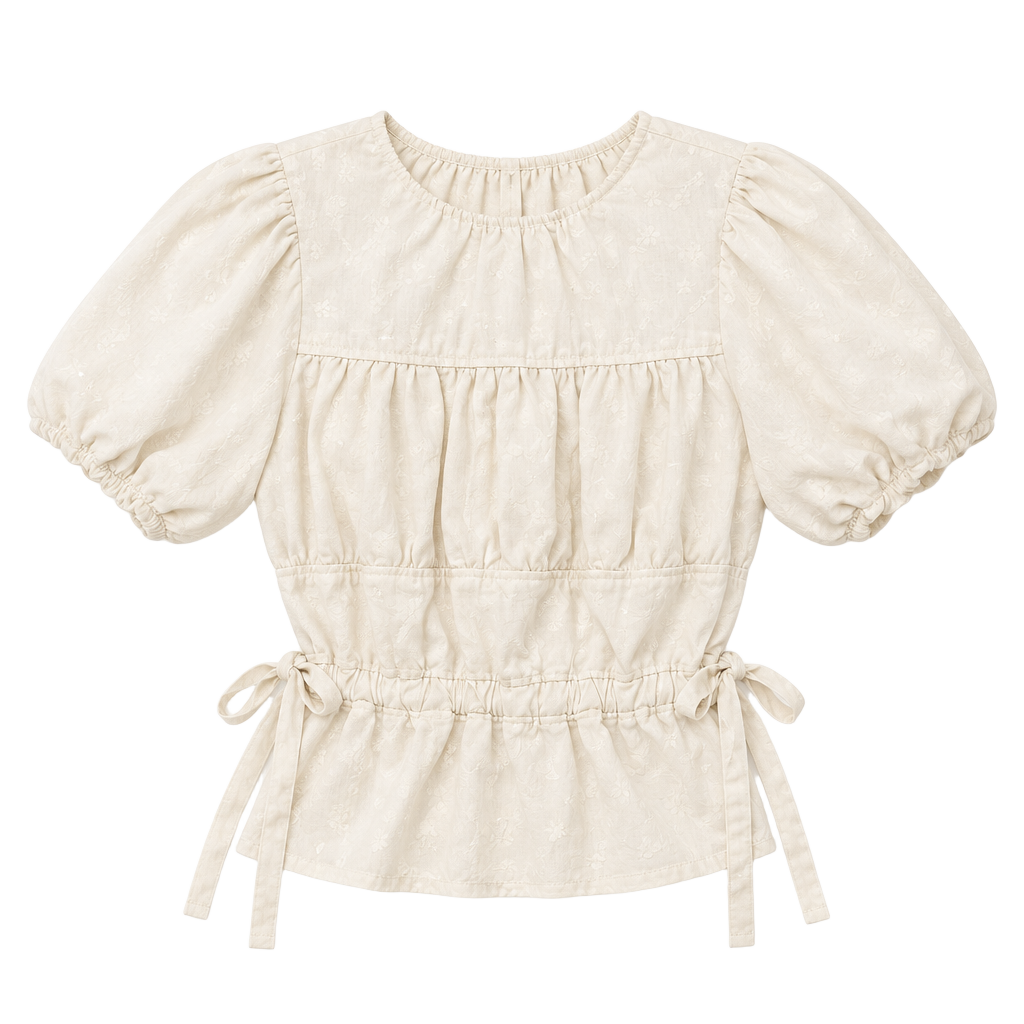 Anniewear Puff Sleeve Peplum Top Size M Cream Cotton 1