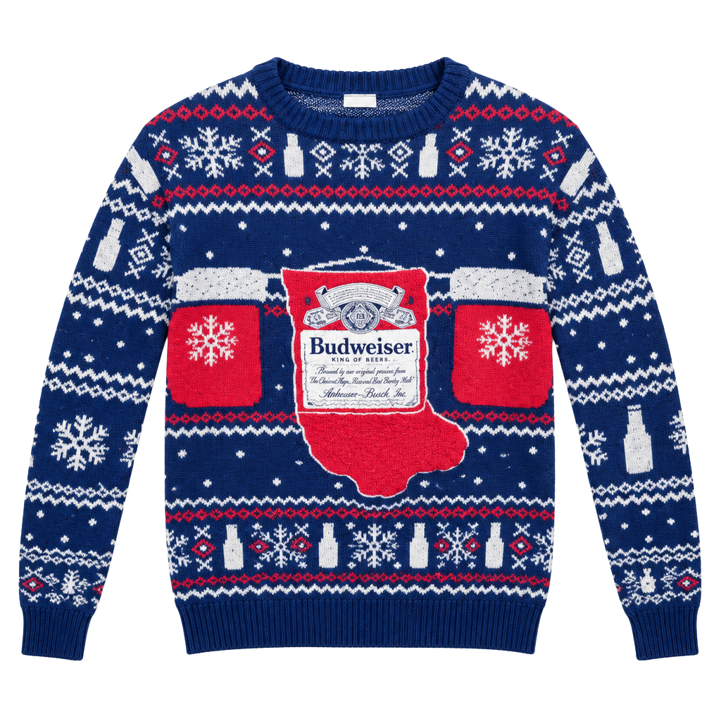Budweiser Ugly Christmas Sweater Size M Blue Holiday Stocking Pullover 1