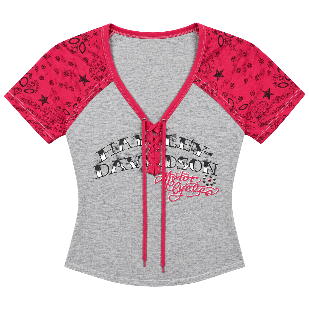 Harley Davidson Lace Up Raglan Shirt Size XS Gray Red 1
