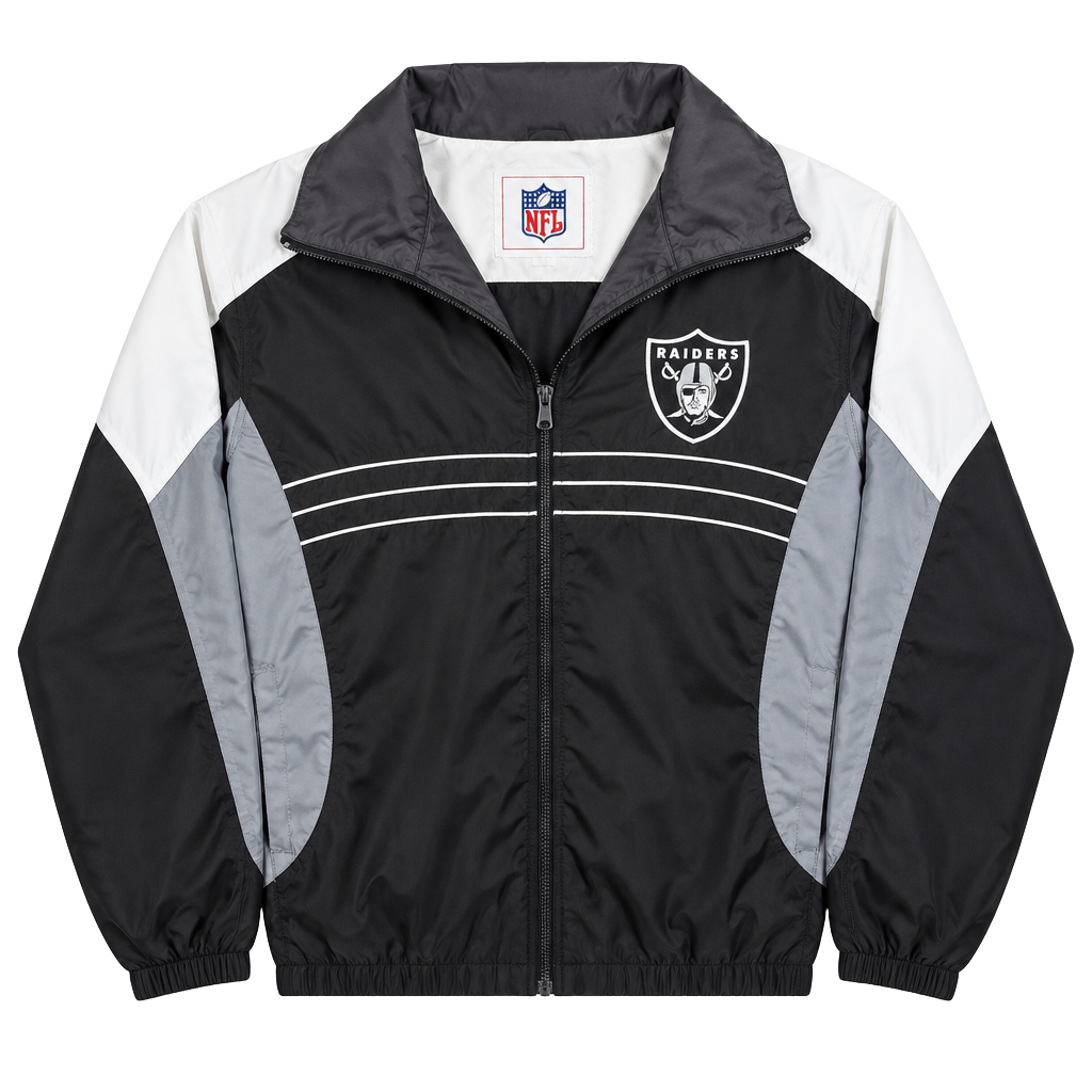 NFL Oakland Raiders Windbreaker Jacket Size L Black Gray White 1