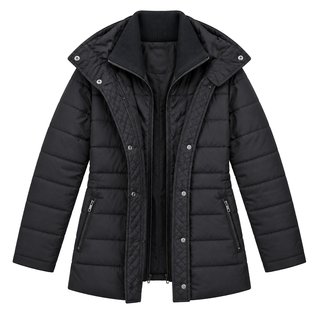 d.e.t.ails INTL Quilted Puffer Jacket Size L Black Faux Fur Hood 1