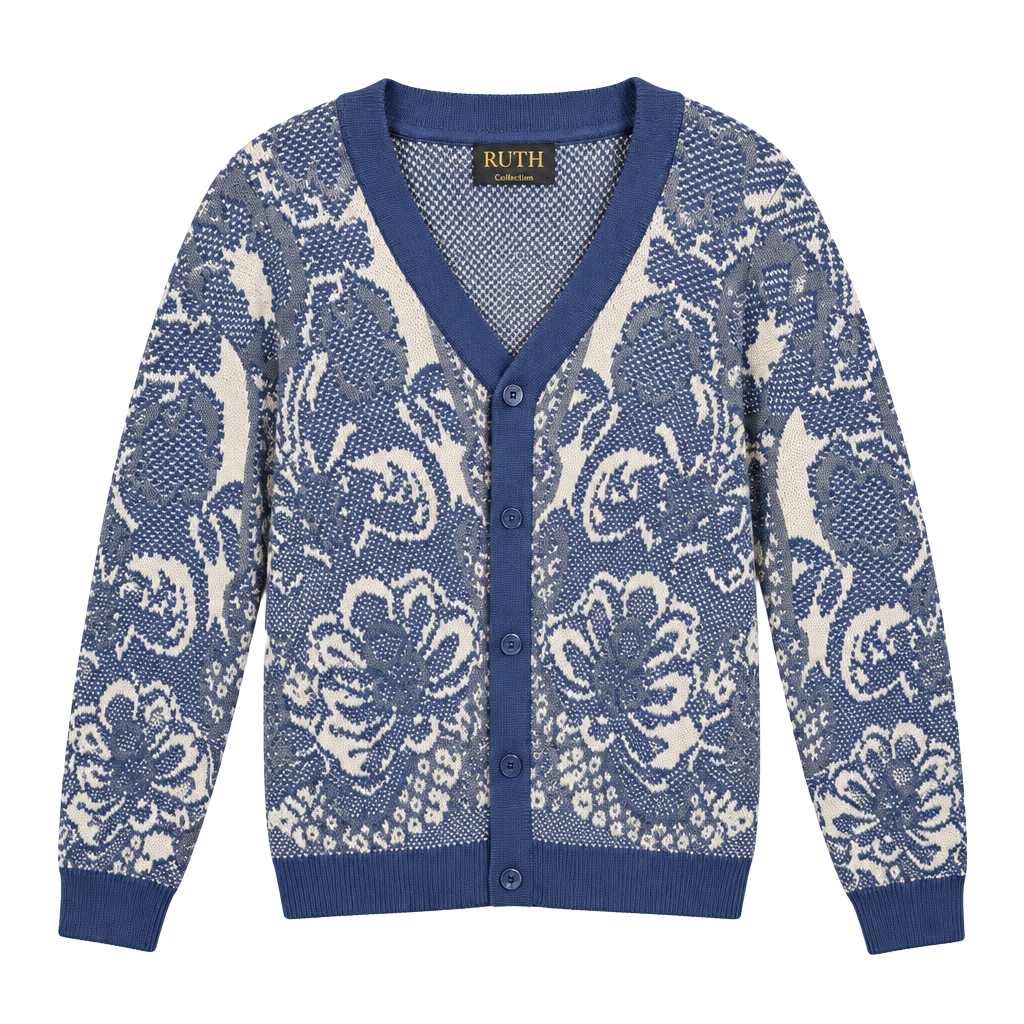 TRUTH Cardigan Sweater Size L Blue Patterned Cotton V-Neck 1