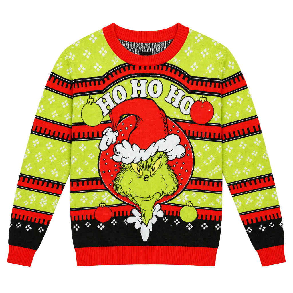 The Grinch Ho Ho Ho Christmas Sweater Size MD/M Green Red Ugly Sweater 1