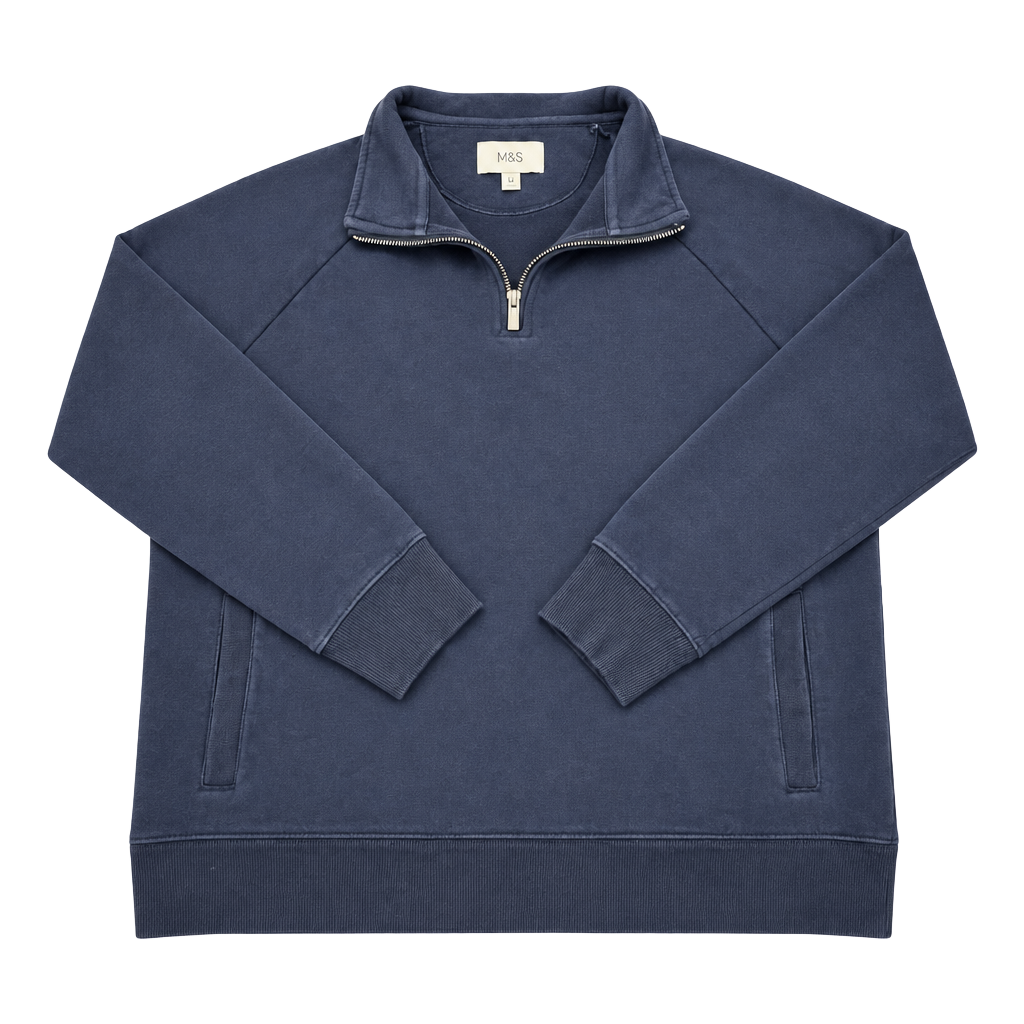 M&S Mens XL Navy Blue Quarter Zip Sweatshirt Cotton Pullover Mock Neck Casual 1