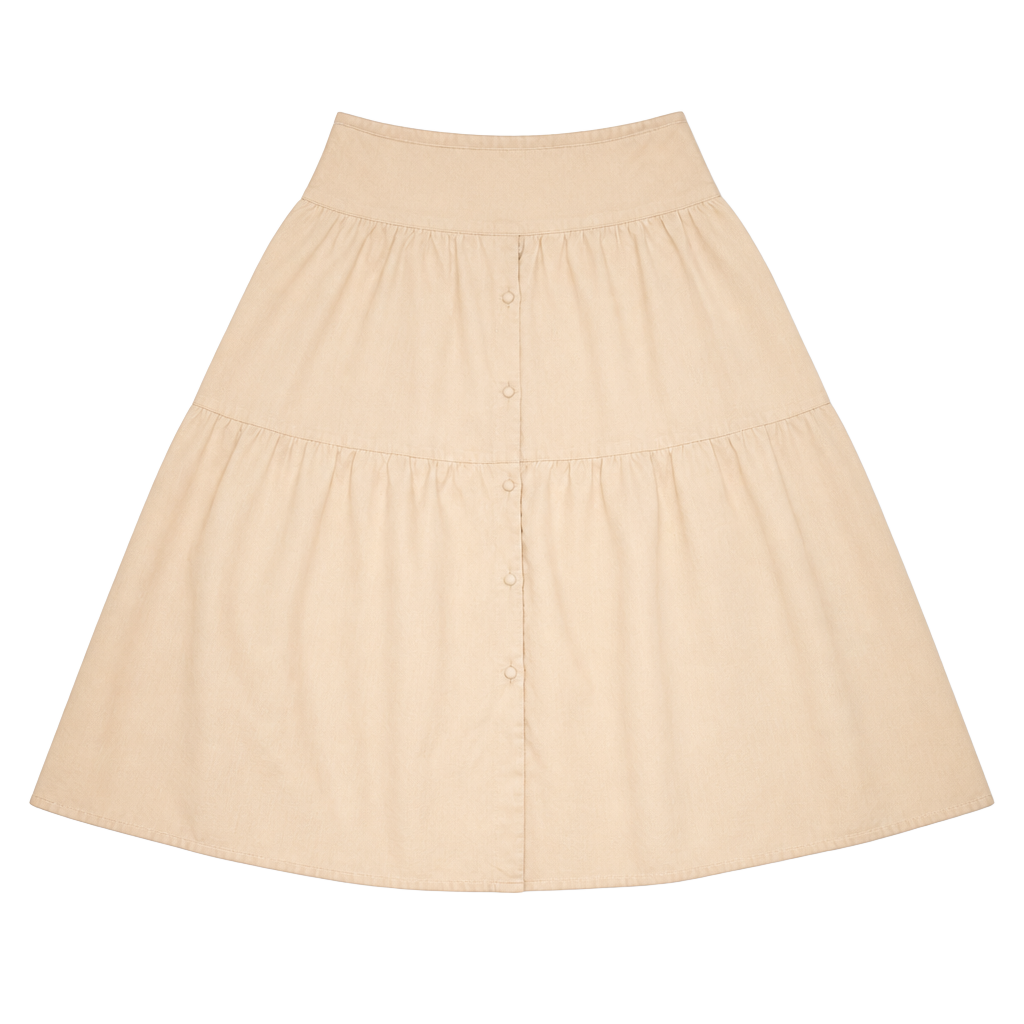 Midnight Sky Beige Linen Blend Tiered Midi Skirt Large Cottagecore Boho Buttons 1