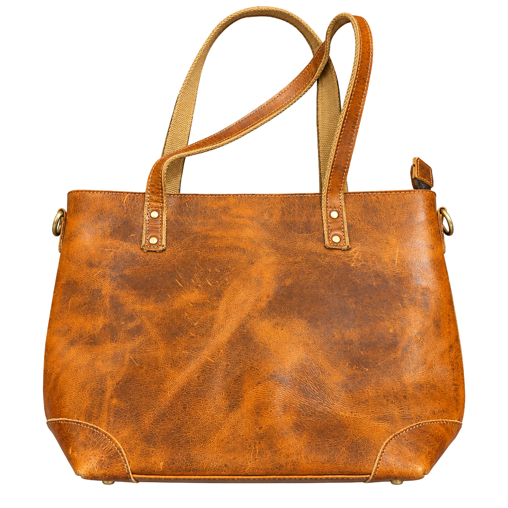 Distressed Brown Leather Tote Bag with Canvas Straps and Zipper Boho 1