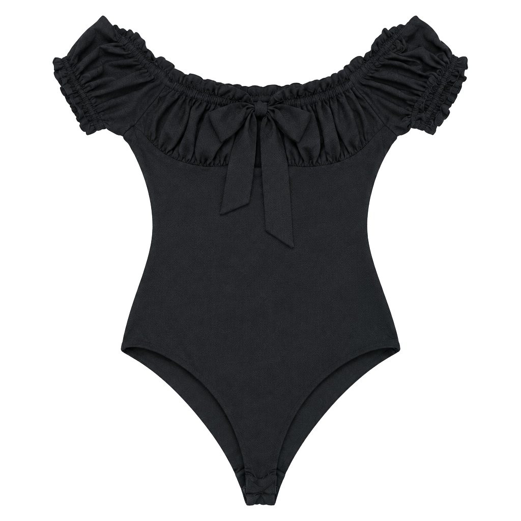 Princess Polly Black Chataway Bodysuit Size US 4 Off Shoulder Ruffle Puff 1