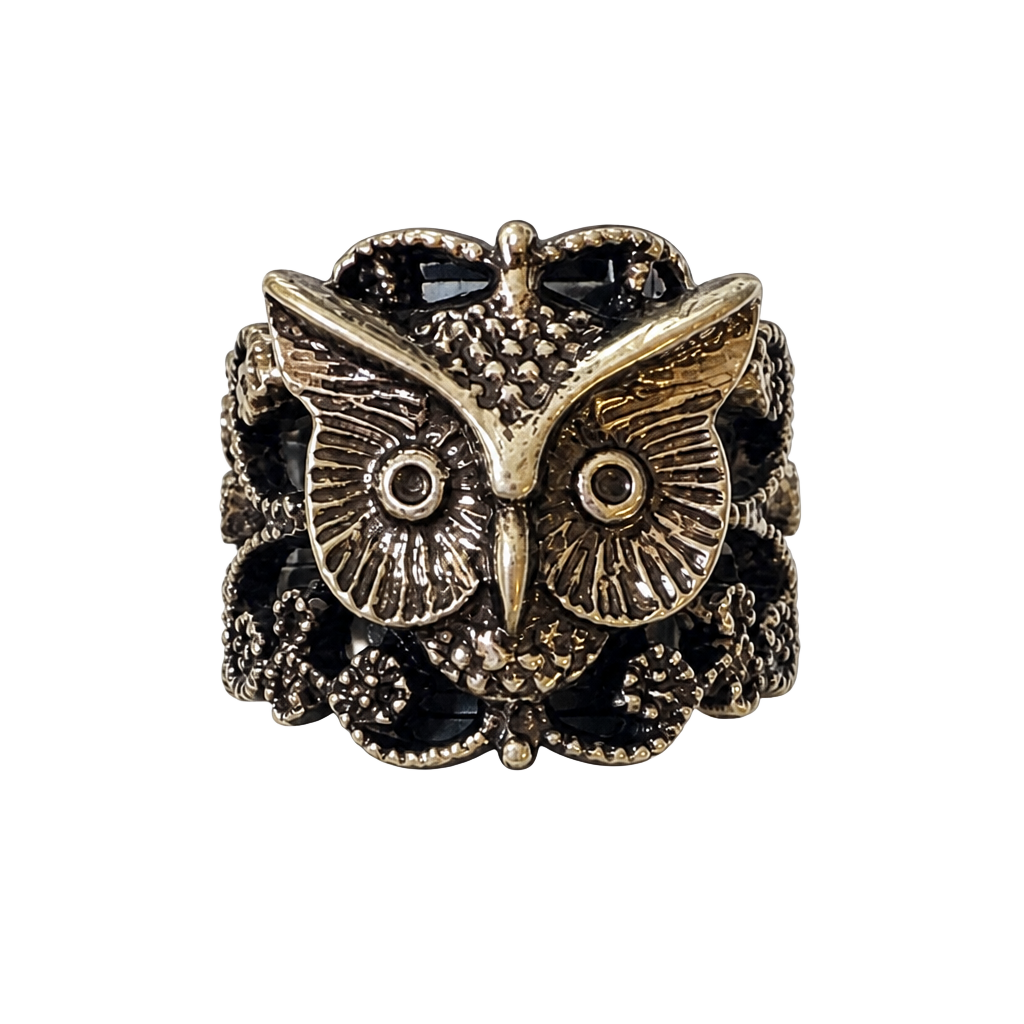 Ornate Owl Statement Ring Silver Tone Filigree Band 1