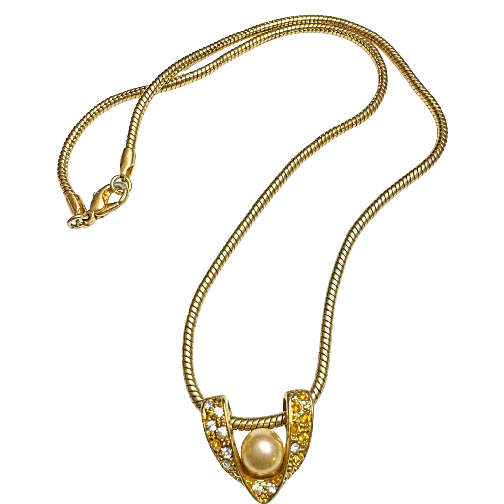 Roman Vintage Gold Tone Faux Pearl Rhinestone V-Shape Pendant Snake Chain Necklace 1