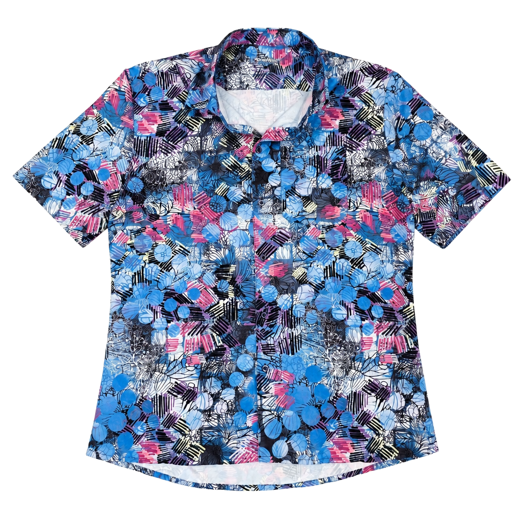 Bassiri Limited Collection Men's Blue Abstract Circle Floral Print Short Sleeve Button-Down Shirt 1
