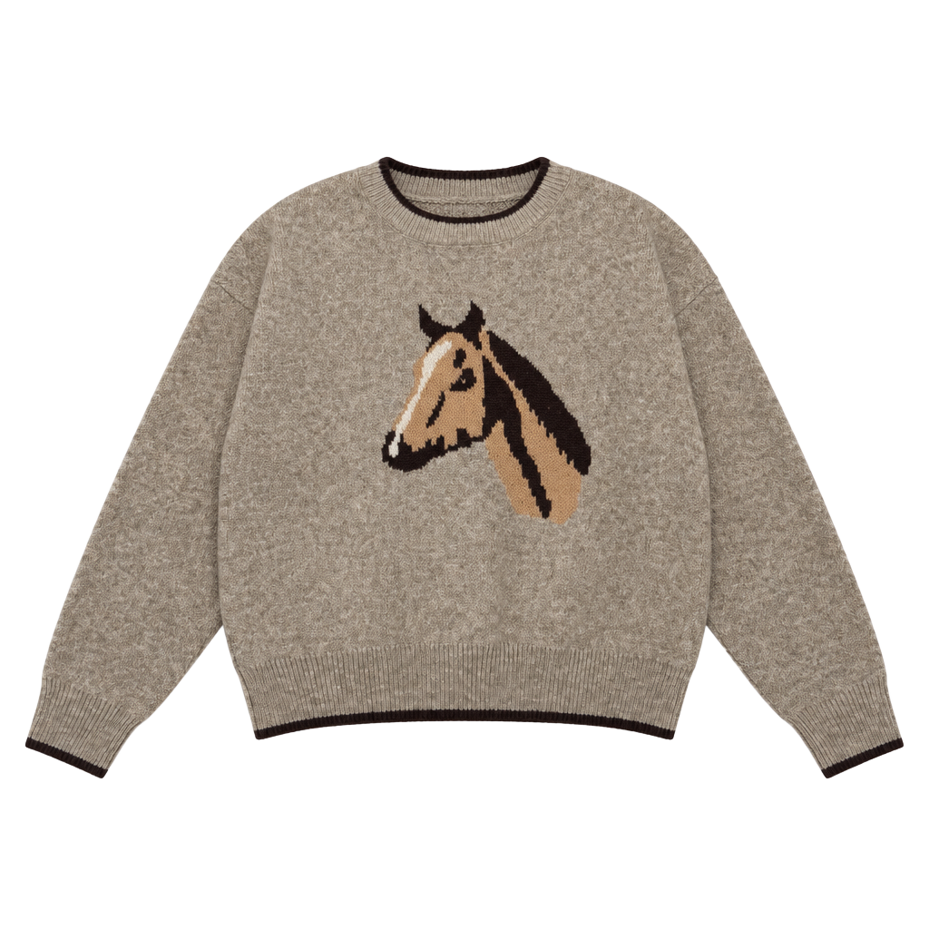 Luna Ivy Horse Sweater Size S Beige Knit Pullover 1