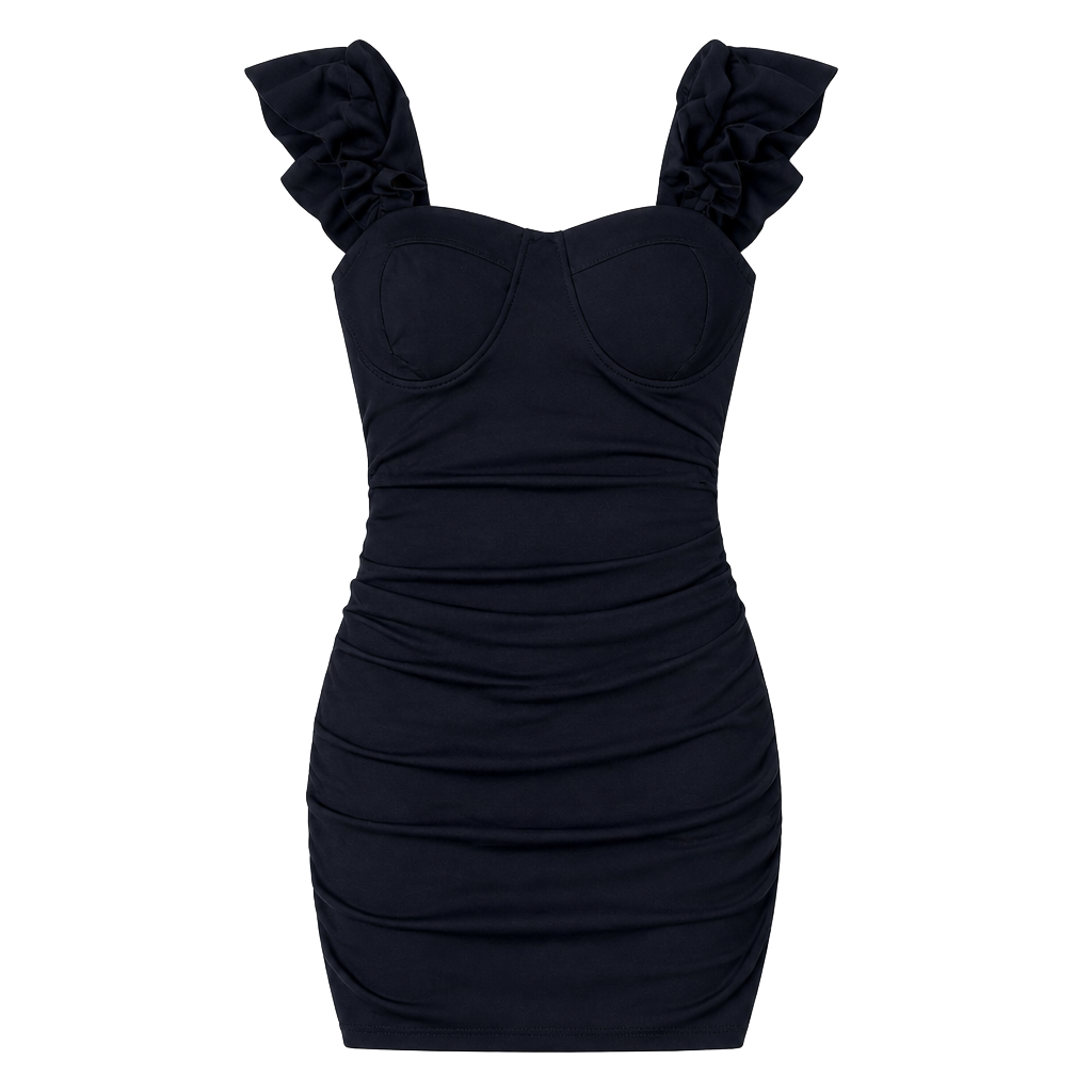 Black Ruched Mini Dress – Ruffle Strap Bodycon Corset Style Sexy Elegant ✧ L 1