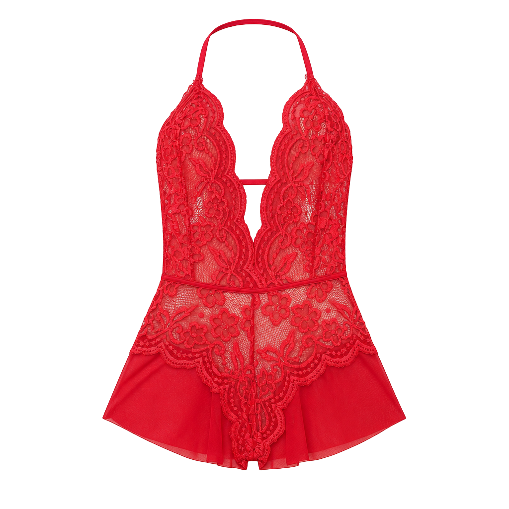 Red Lace Bodysuit Lingerie – Halter Deep V Sheer Ruffle Detail Sexy ✧ S
1