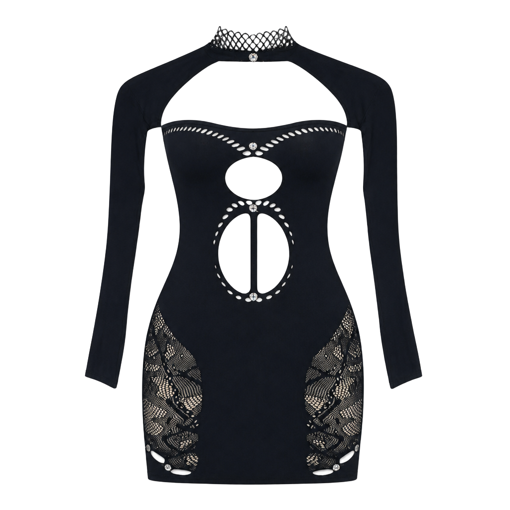 Black Cutout Mini Dress – Long Sleeve Choker Bodycon Rhinestone Detail Sexy Y2K 1