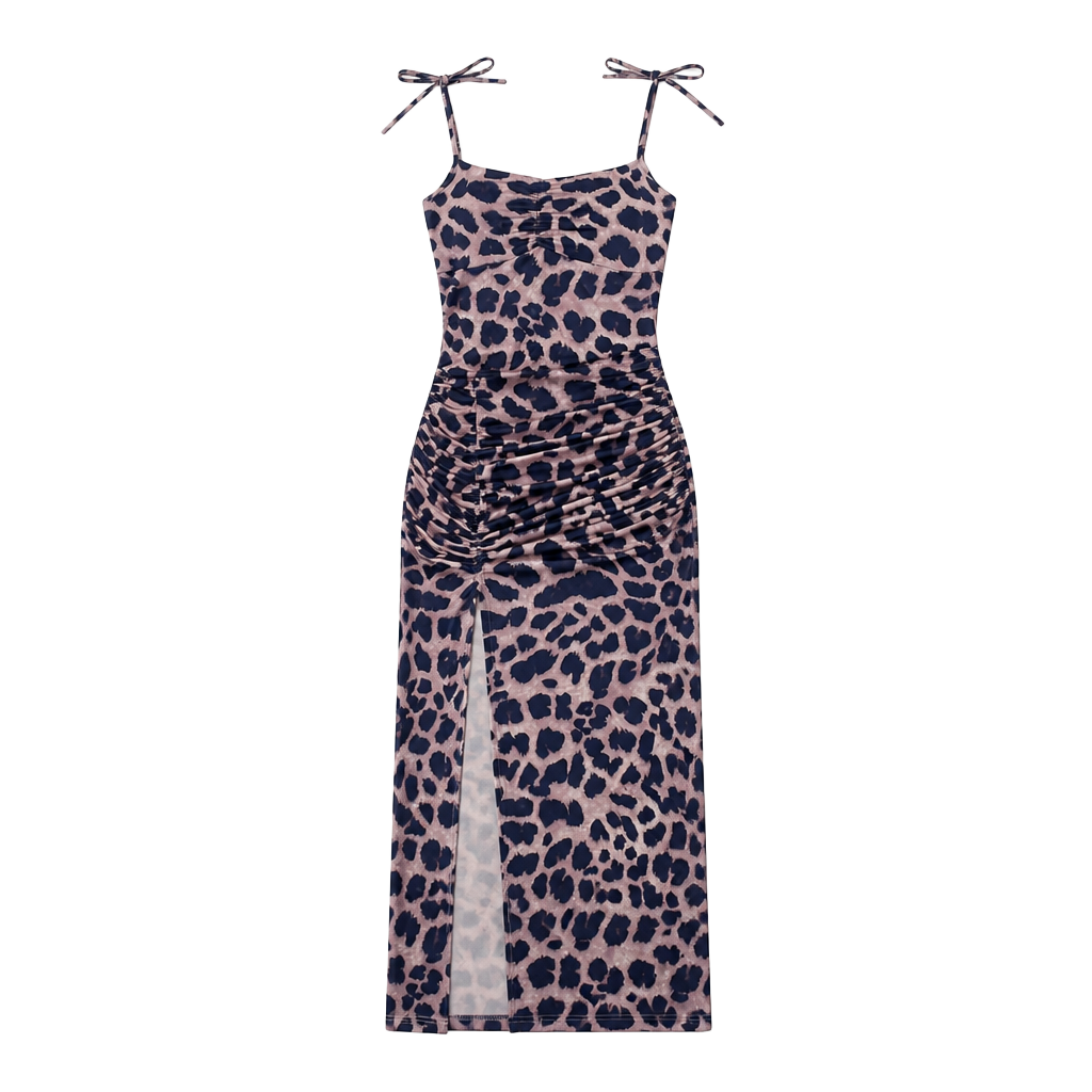 Leopard Print Maxi Dress – Ruched Bodycon Spaghetti Strap Side Slit Sexy Y2K ✧ S 1