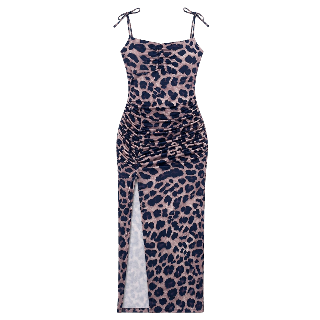 Leopard Print Maxi Dress – Ruched Bodycon Spaghetti Strap Side Slit Sexy Y2K ✧ M 1