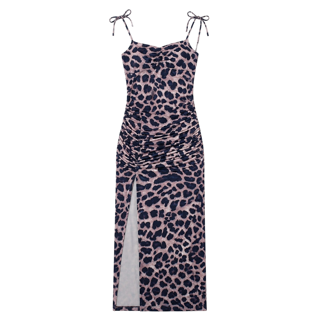 Leopard Print Maxi Dress – Ruched Bodycon Spaghetti Strap Side Slit Sexy Y2K ✧ L 1