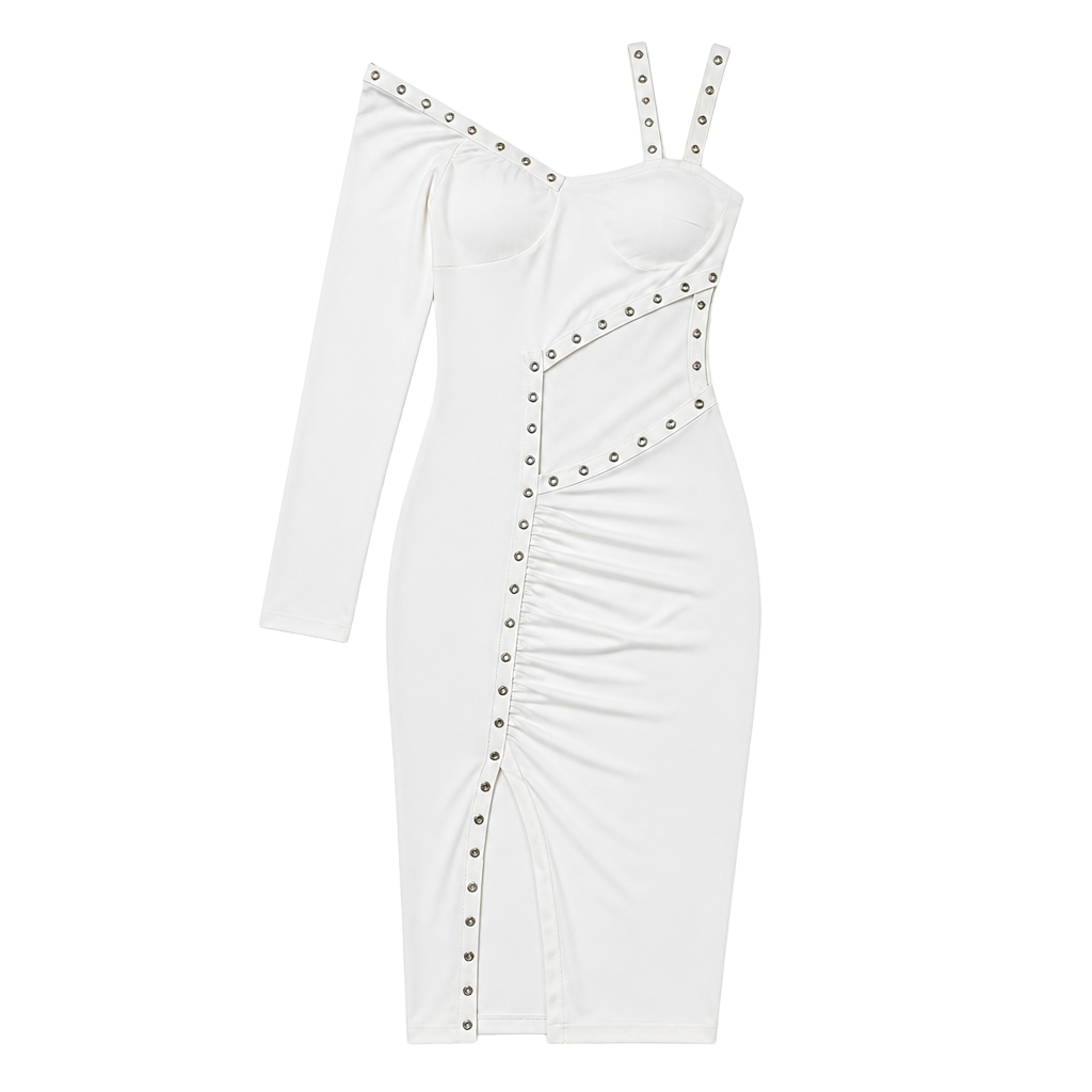 White Cutout Midi Dress – One Sleeve Bodycon Stud Detail Side Slit Sexy ✧ S
1