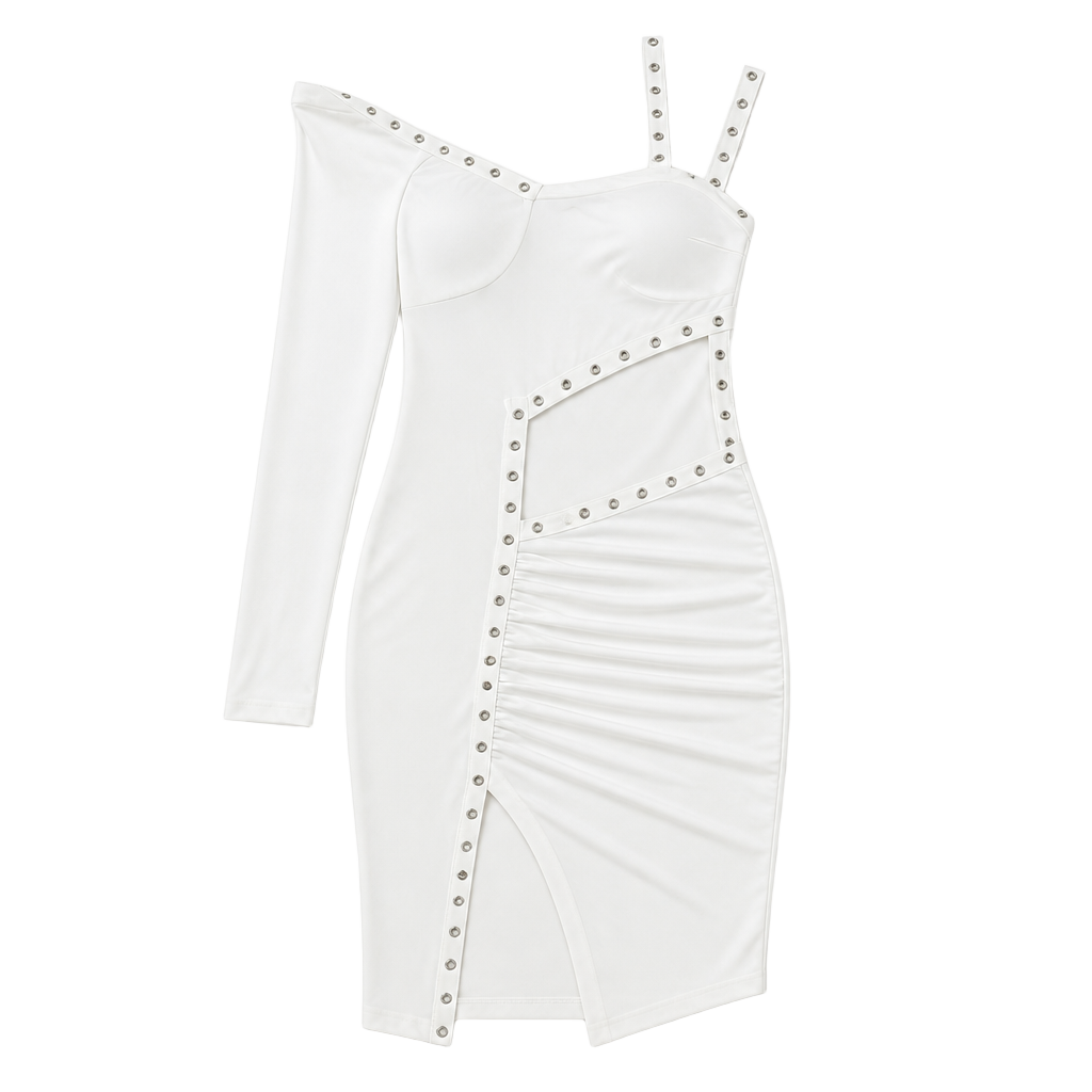 White Cutout Midi Dress – One Sleeve Bodycon Stud Detail Side Slit Sexy ✧ M
1