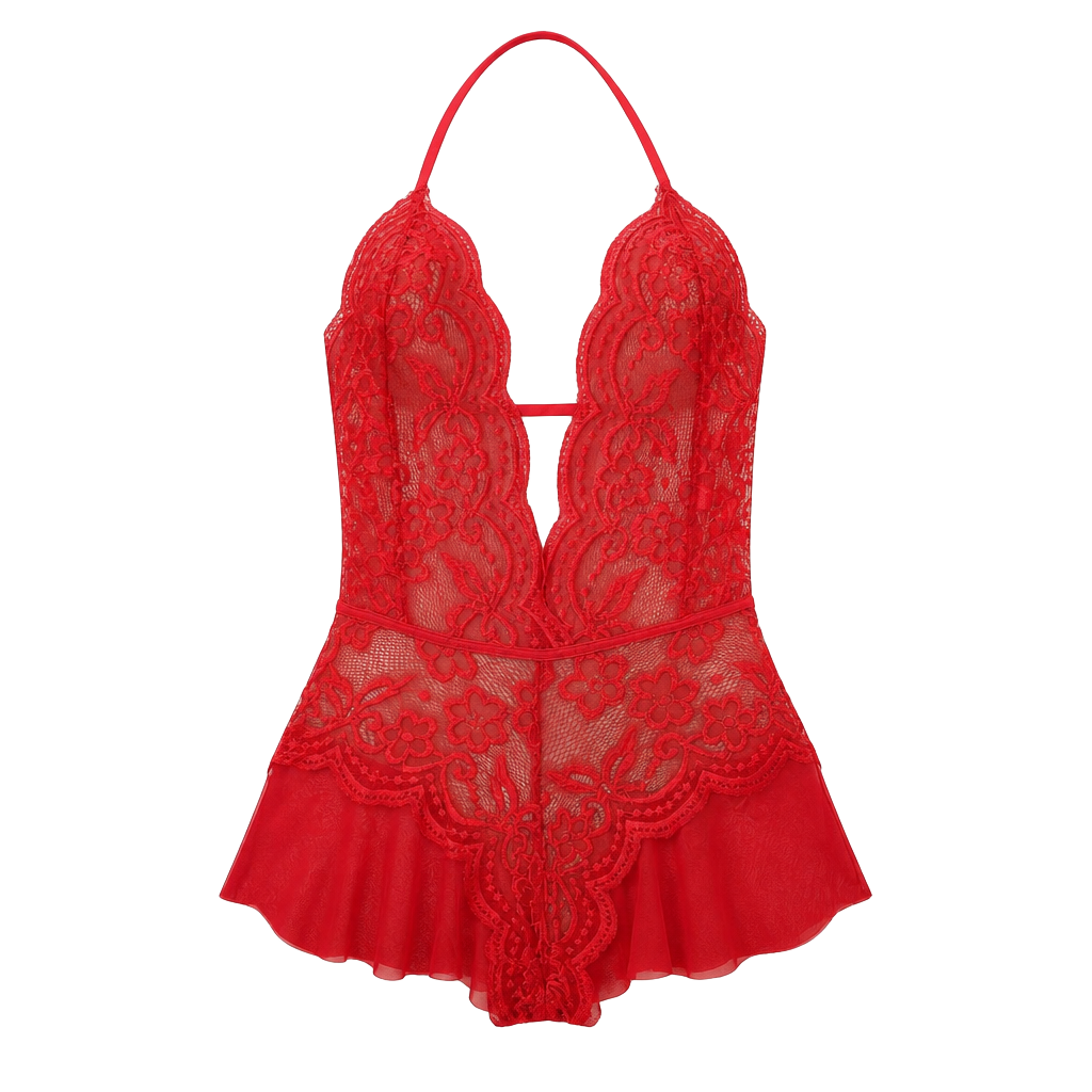 Red Lace Bodysuit Lingerie – Halter Deep V Sheer Ruffle Detail Sexy ✧ L
1