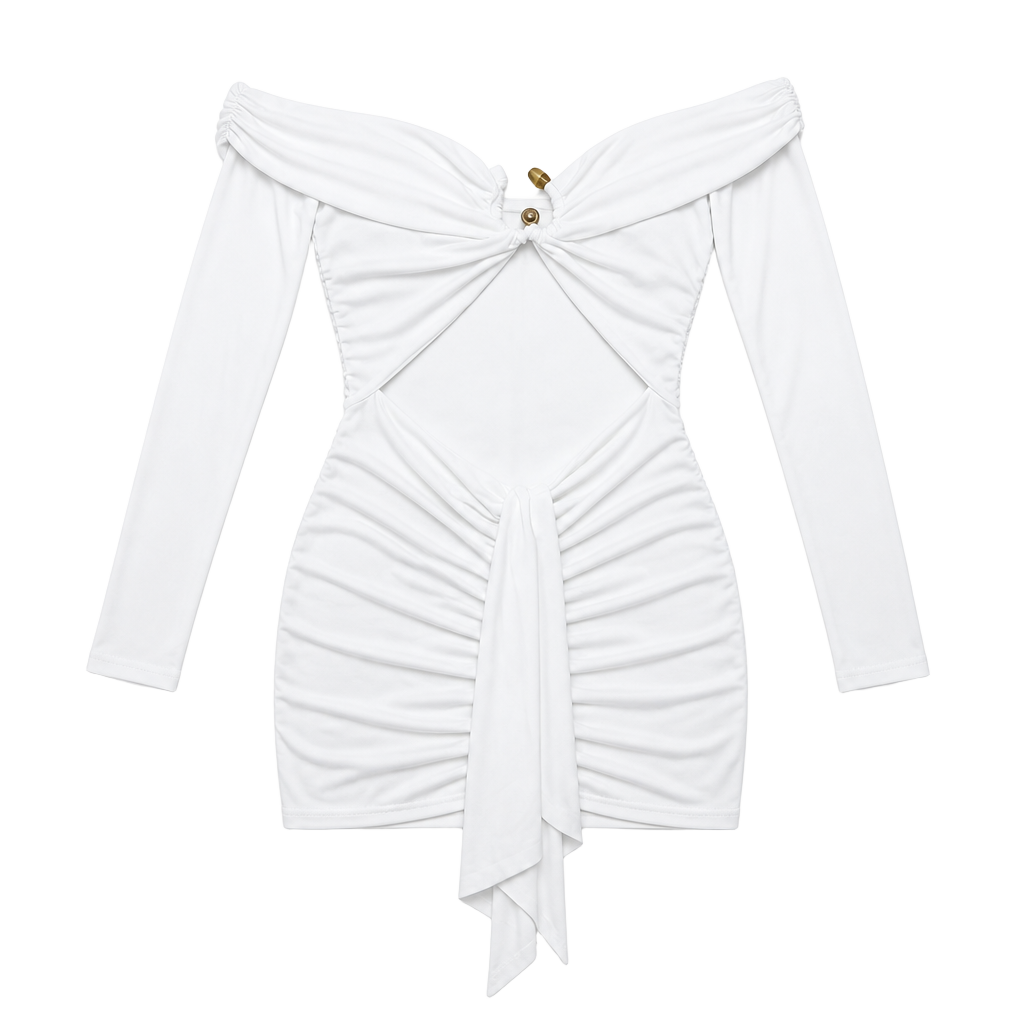 White Cutout Mini Dress – Off Shoulder Long Sleeve Ruched Bodycon Sexy Chic ✧ M 1