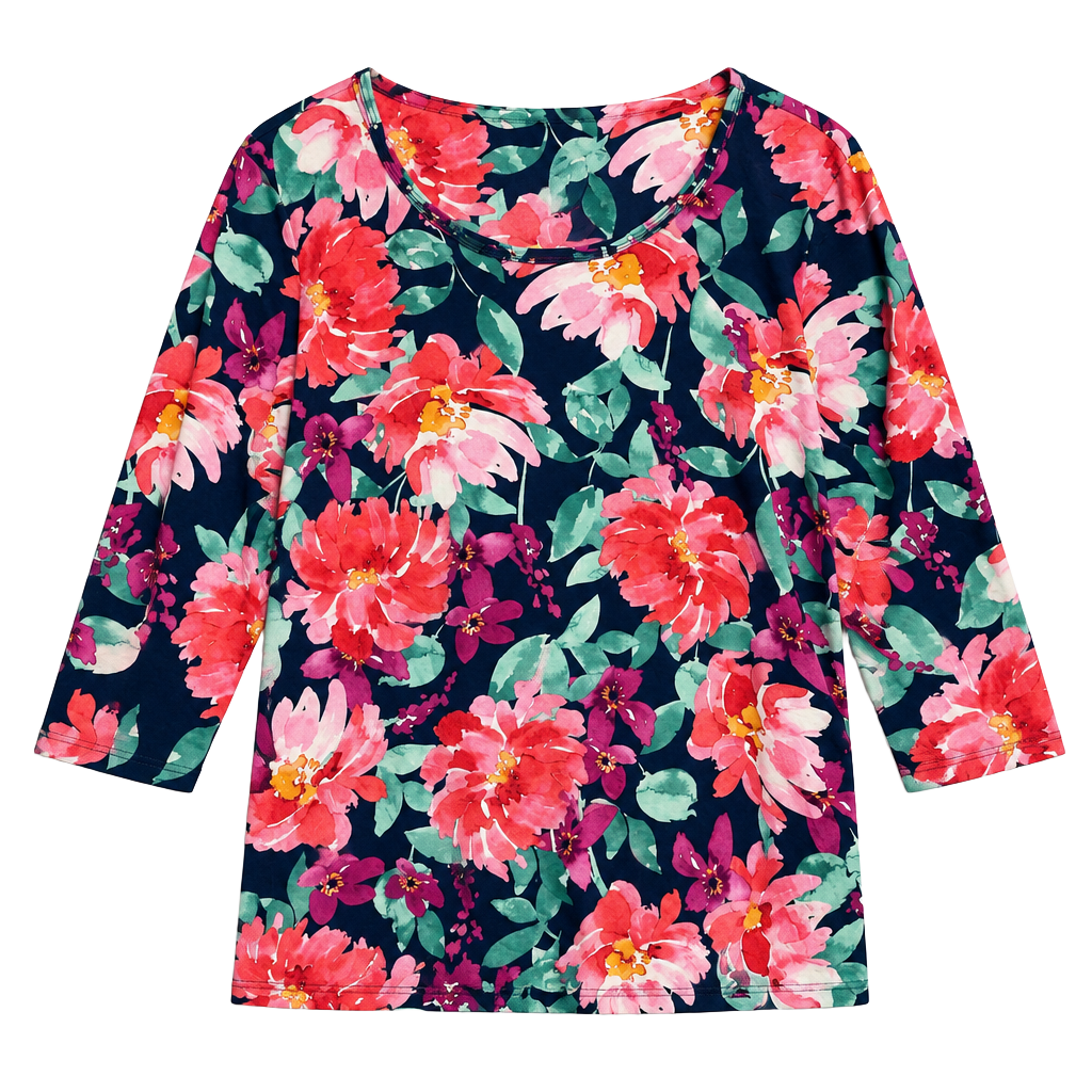 Alfred Dunner Floral Top Size L Navy Multi Cotton 3/4 Sleeve Beaded Neckline 1