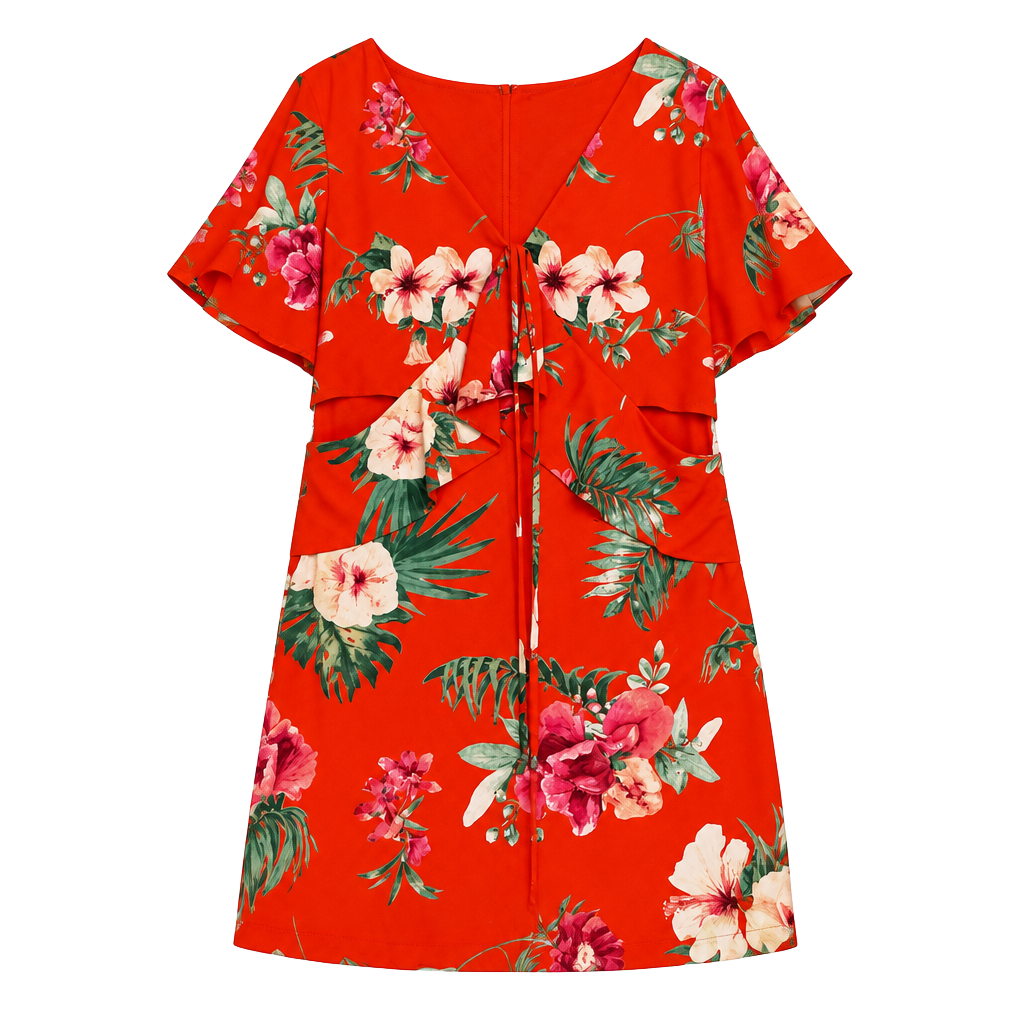 Skies Are Blue Tropical Floral Side Cutout Short Sleeve Romper Large Orange Red 1