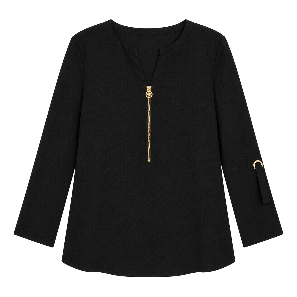 Michael Kors Black Gold Zip V Neck Roll Tab Sleeve Blouse Large Career 1