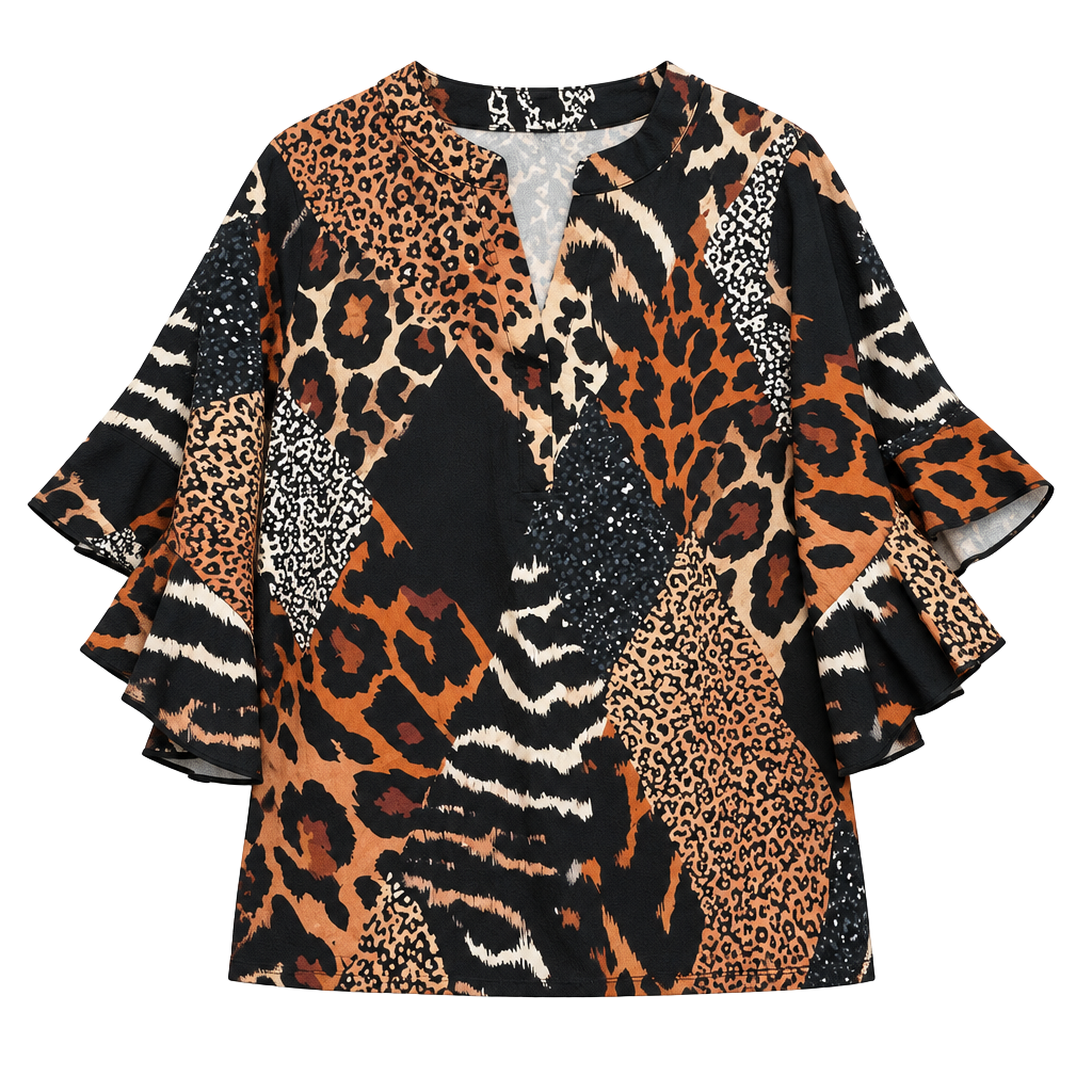 SHEIN Animal Print Blouse Size 0XL Black Multi Leopard Patchwork Bell Sleeve 1