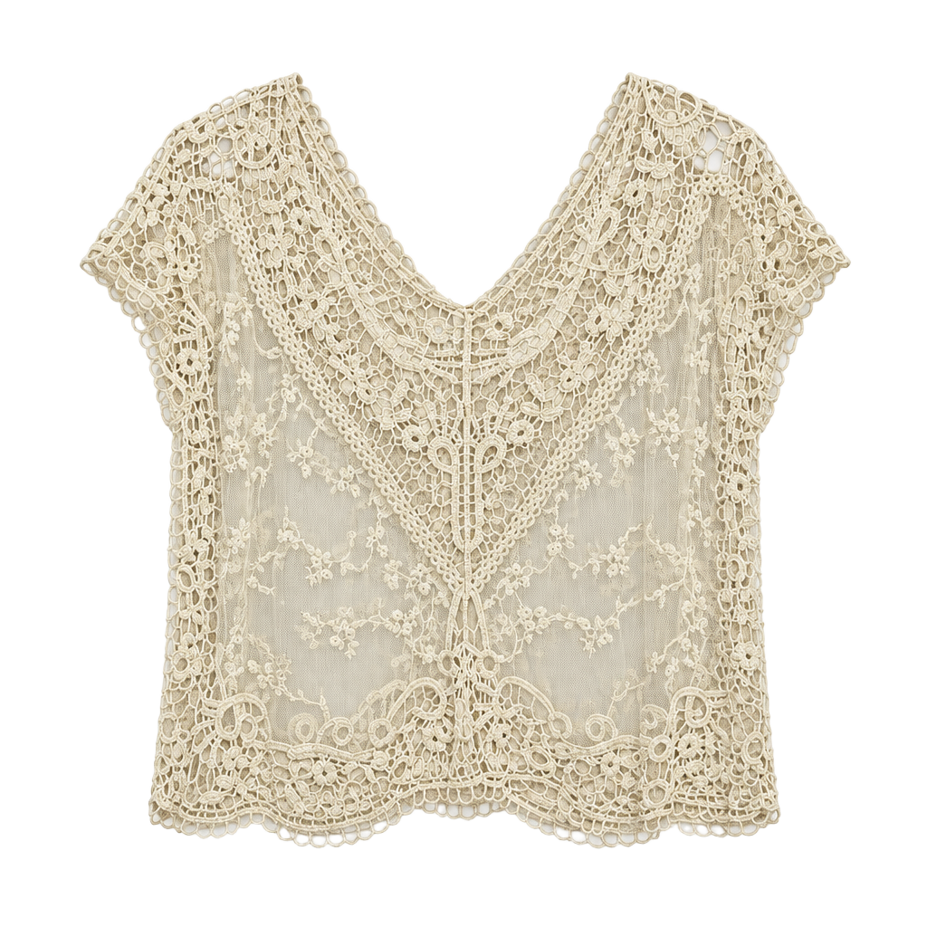 Vivid Importers of NY Crochet Lace Boho V-Neck Short Sleeve Tunic Top Medium 1