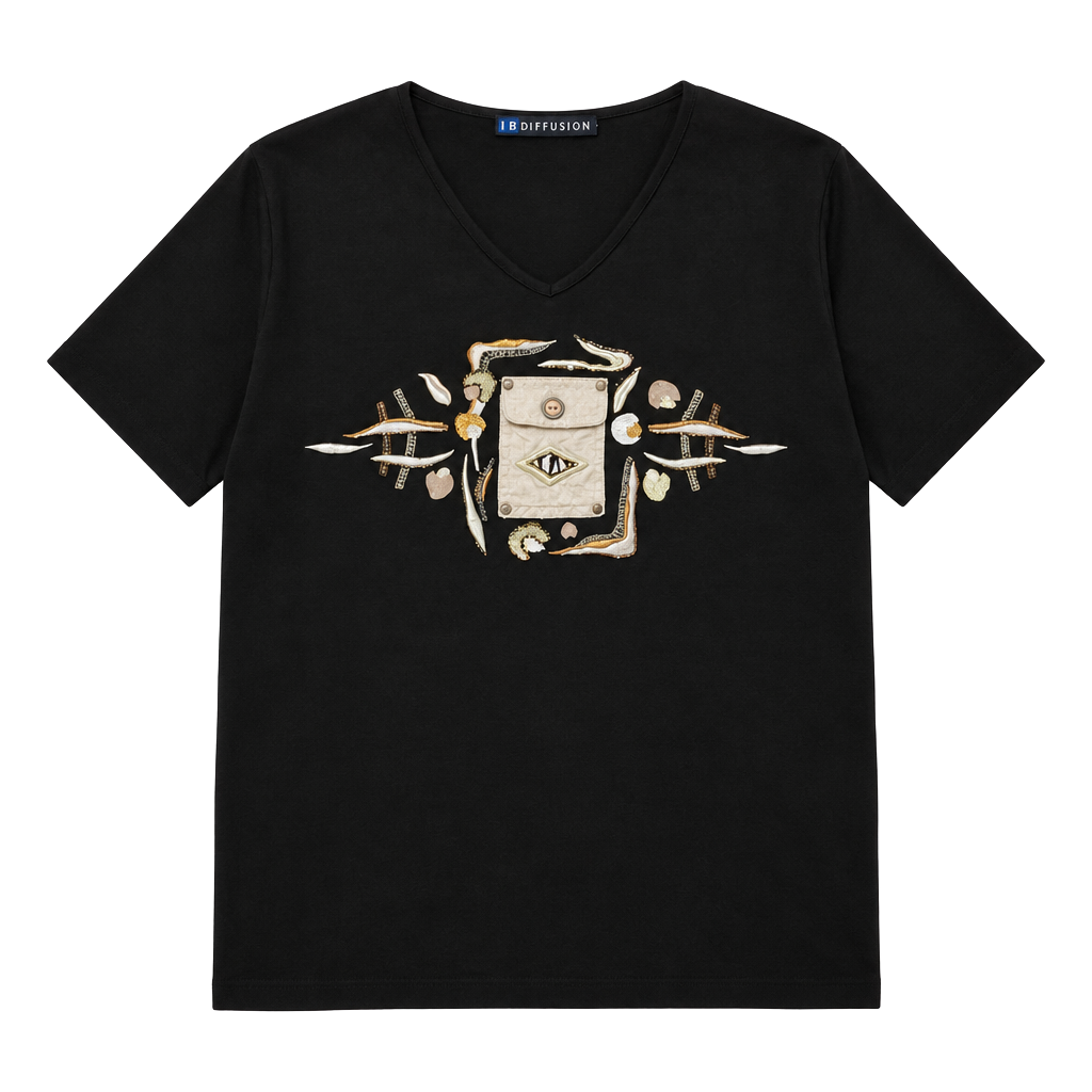 Vintage 90s IB Diffusion Embroidered Pocket V Neck Graphic T Shirt Medium Black 1