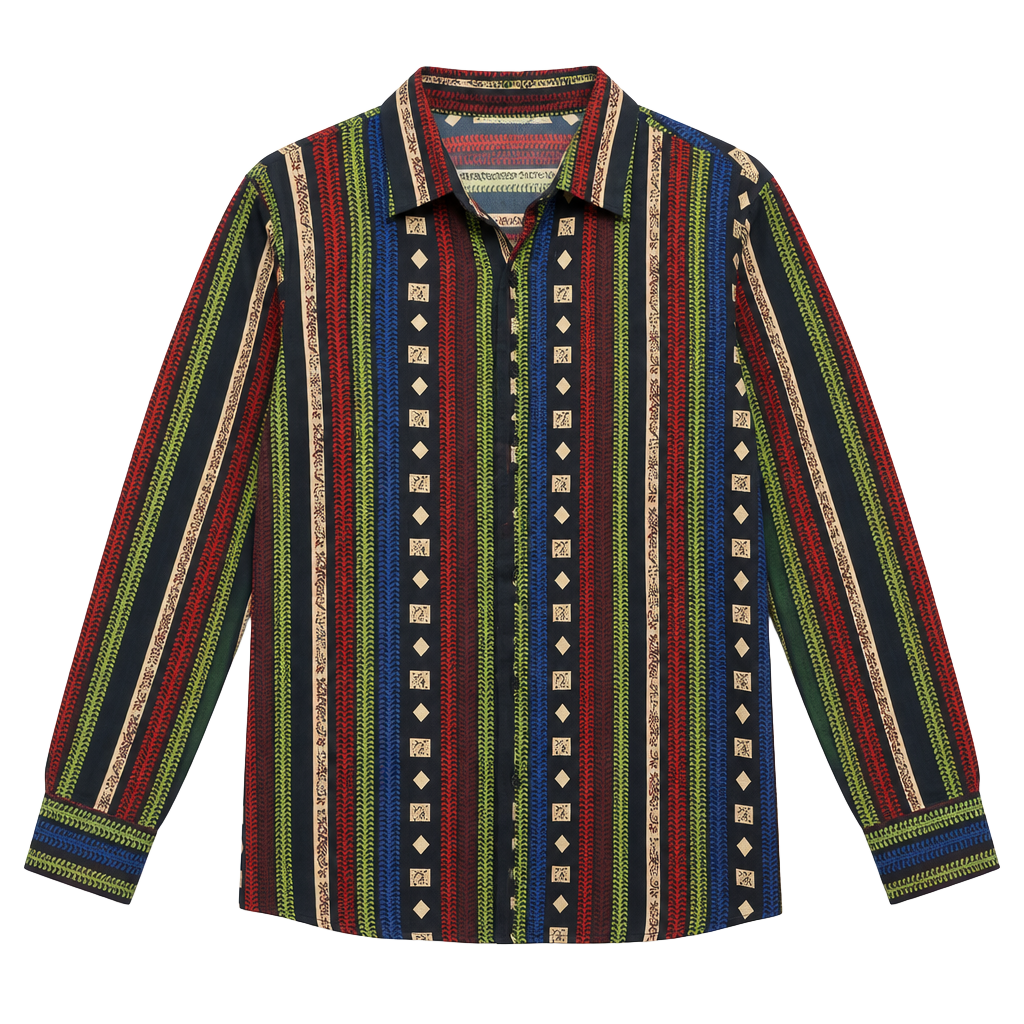 Serengeti Colorful Striped Tunic Top L Button Up Boho Artsy Casual 1