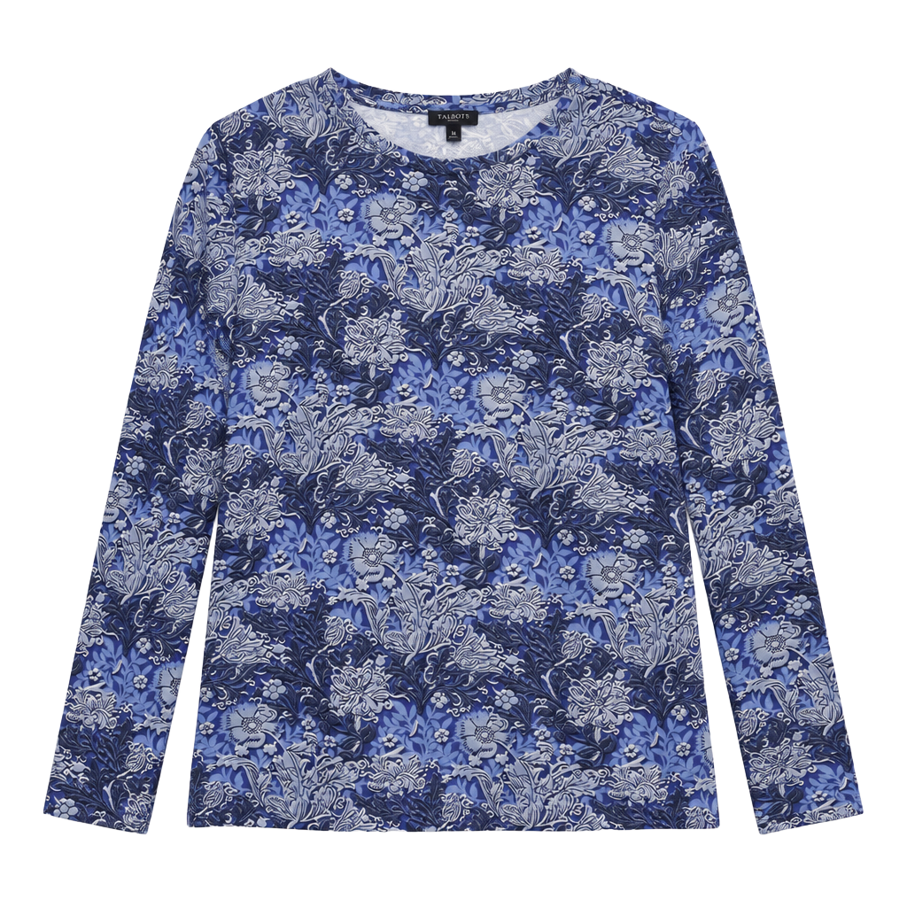 Talbots Petites Blue Purple Baroque Floral Print Crewneck Long Sleeve Top MP 1